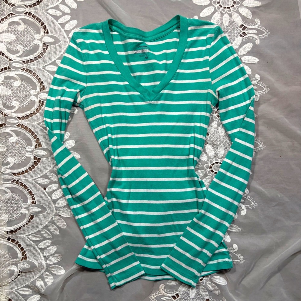 Y2K Teal Bella Swan XS Green White Striped V-Neck Long Sleeve Cotton T-Shirt
